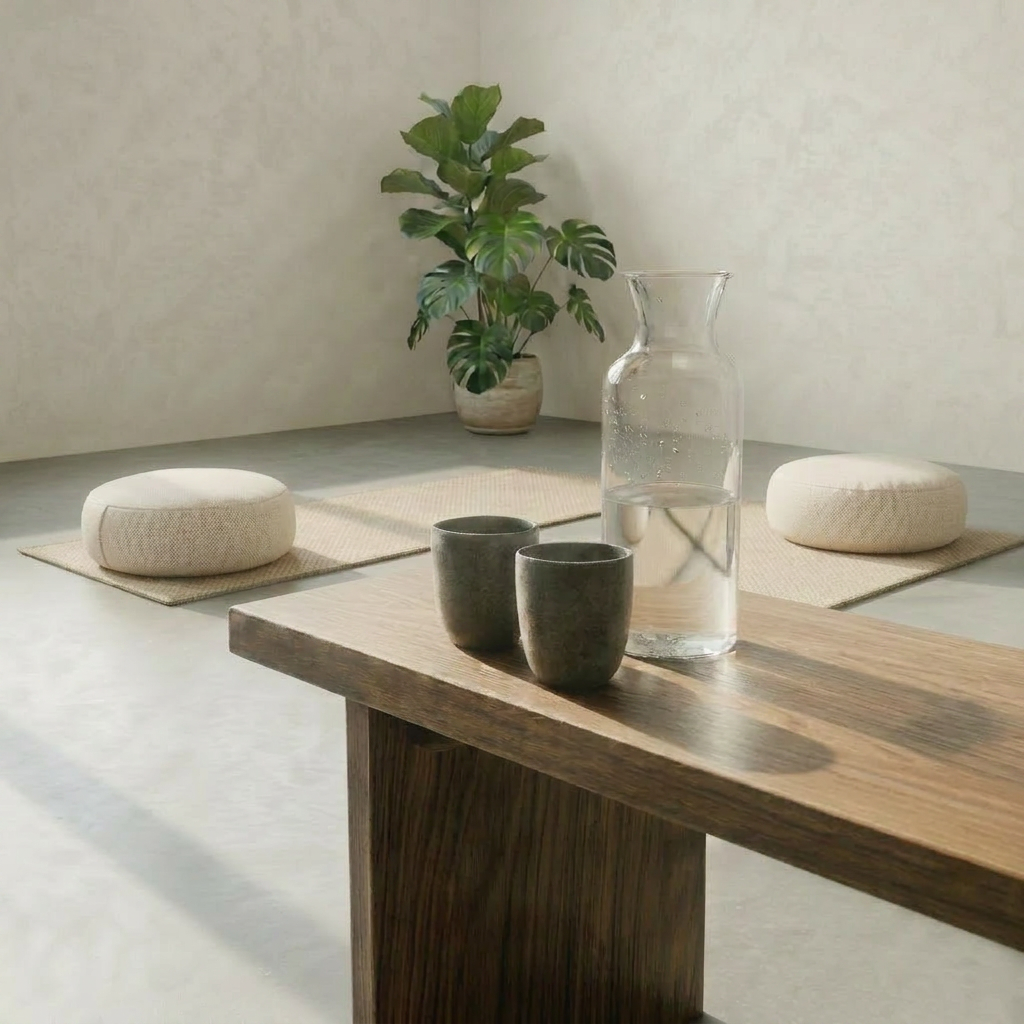 Edited yoga studio water detail without window Edit the existing close-up yoga studio water refreshment photo so that the background window is completely removed. Replace the window area with a soft, neutral-toned wall and subtle, natural light, keeping the same composition, wooden surface, glass carafe, cups, and overall minimalist yoga studio atmosphere. Photorealistic.